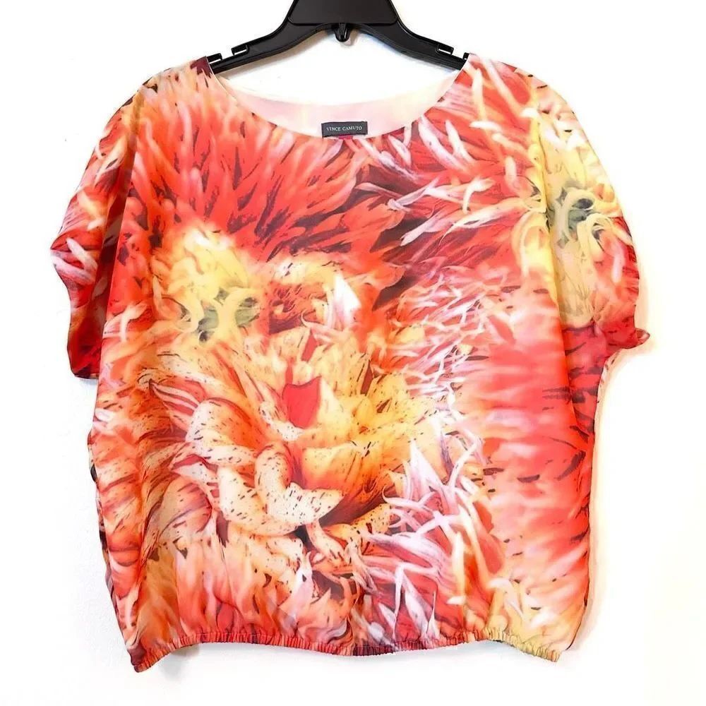 Vince Camuto Floral Dolman Sleeve Elastic Hem Blouse Top Yellow Orange Small